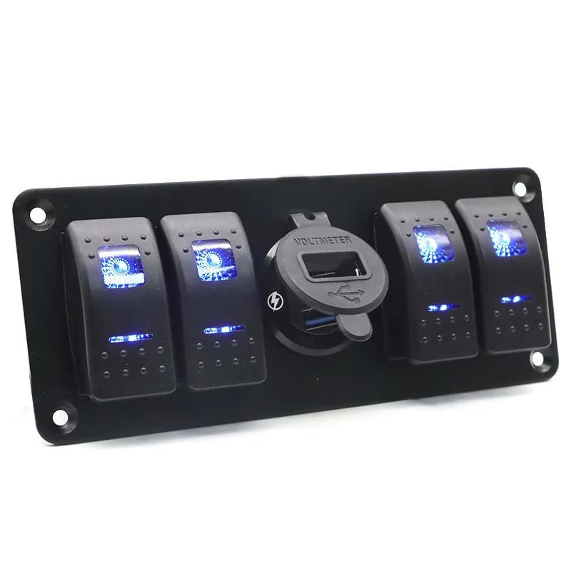 Aluminum Black 4 Gang 12V Switch Panel Marine Boat Car RV Truck Switch Panels USB Digital Voltmeter