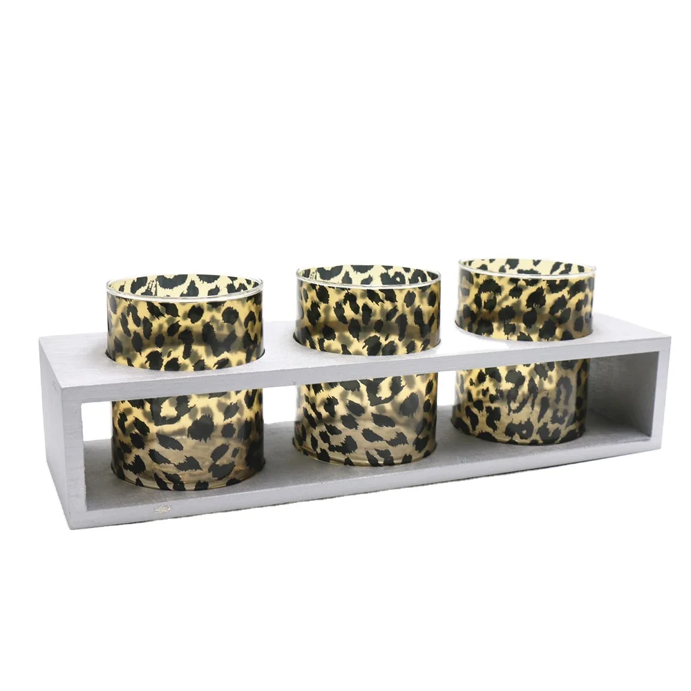 glass candle holder with wooden rack