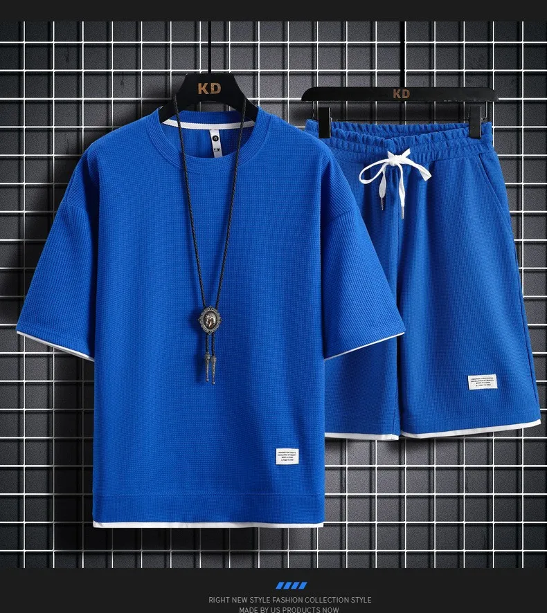 Liu Ming Hot Products 2025 Custom Logo Summer Men s Waffle Sets Casual T Shirt Tracksuit Loose Sports Shorts Suits