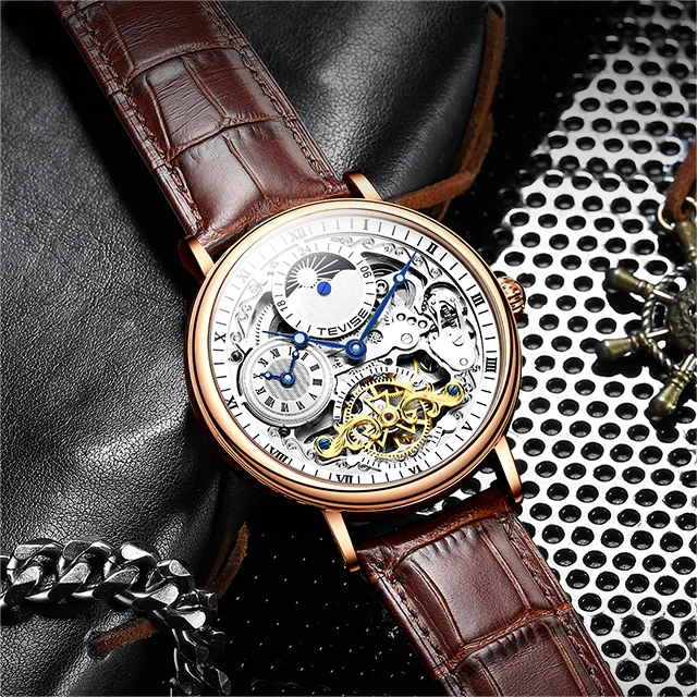 TEVISE T888 водонепроницаемые мужские модные спортивные 888 часы из натуральной кожи с полым дном автоматические очаровательные механические класса люкс