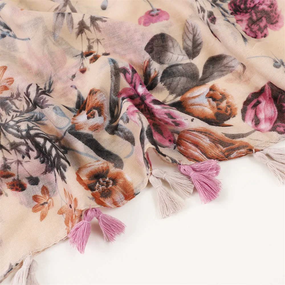 Factory Hijab Scarf with Tassels Luxury Brand Flower Printed Head Scarf for Women Stoles Retro Ethnic Viscose Neck Scarf Shawls
