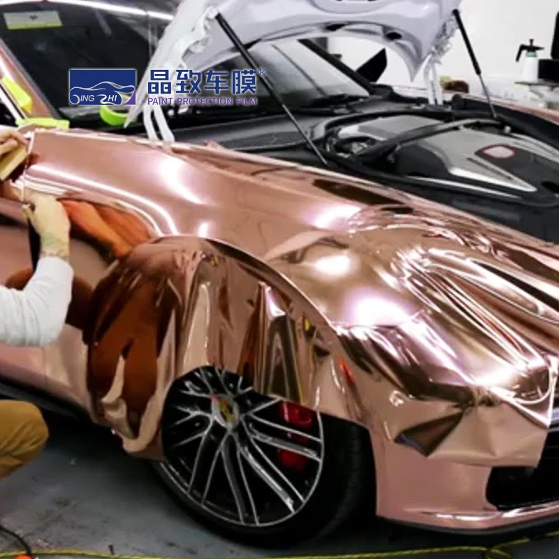 Лучшее качество покрытие недорогая металлическая зеркальная Светоотражающая Красивая декорация хромированная виниловая оболочка розовое золото хромированный автомобильный винил
