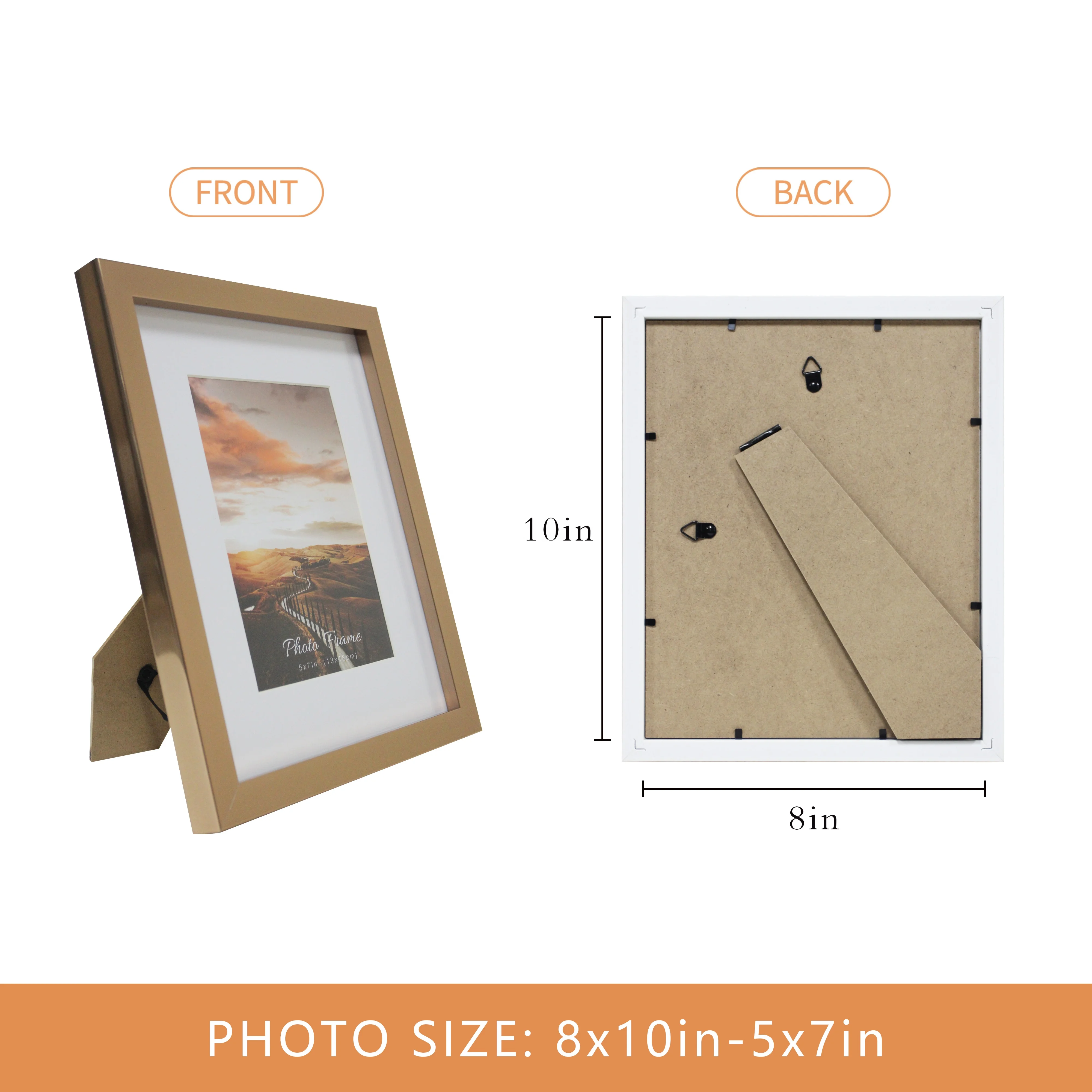 Gold plastic Picture Frame Displays Photos Easel Stand Included Wall Display 8x10 Frame for 5x7 Photos with Mat or 8x10 without