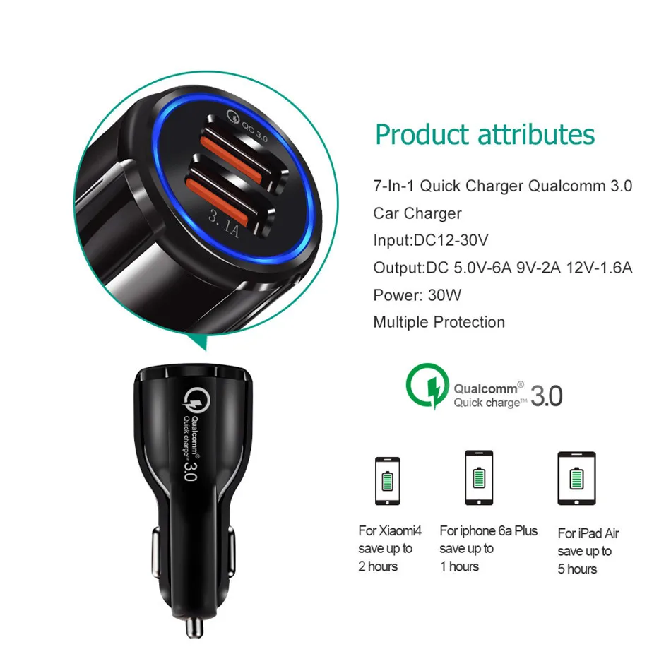 Dual USB Car Charger LED PD QC 3.0 30W Fast Charging Mobile Phone Charge For iPhone 12 11 Pro Max X Samsung Xiaomi Huawei