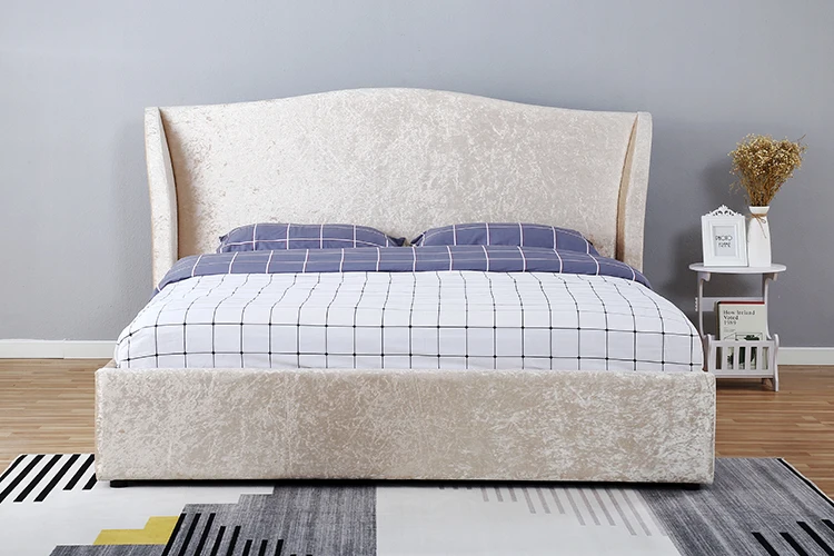 Willsoon Wing Back Double Bed Frame champagne velvet Fabric oyster bed with storage ottoman bed tempat tidur