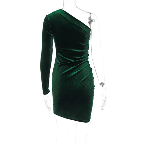 Vintage Elegant Green Velvet Dress Single Sleeve Slim Fit Pleated Wrapped Hip Dress for Women