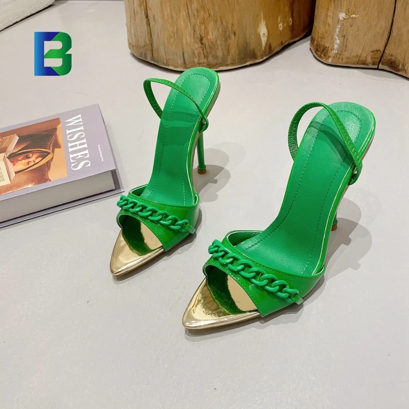 BC 2023 Fashion Chain Super Heel Pointed Toe Green Red And Brown Color Ladies Shoes Slippers Sandals For Women