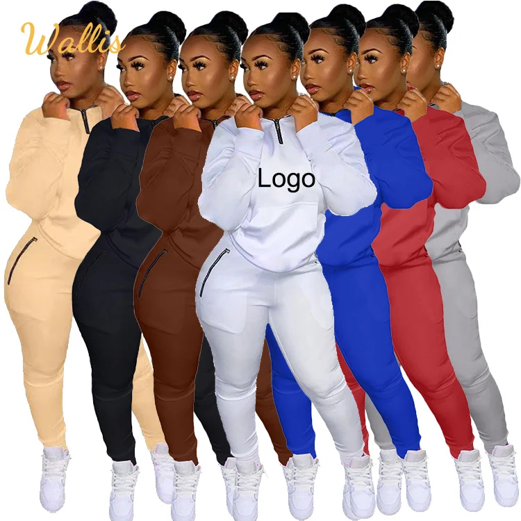 Custom Fall Winter Zip Stand Collar Sweatshirt Two Piece Set Solid Casual Outfits Pockets Pants Sweat Suit Tracksuits For Women