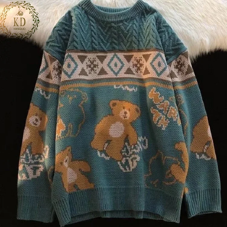 KD Small Bear Tops Oversize Men High Street Knitting Sweater Tops Autumn Pullover Loose Harajuku Kawaii Women Couple Sweaters