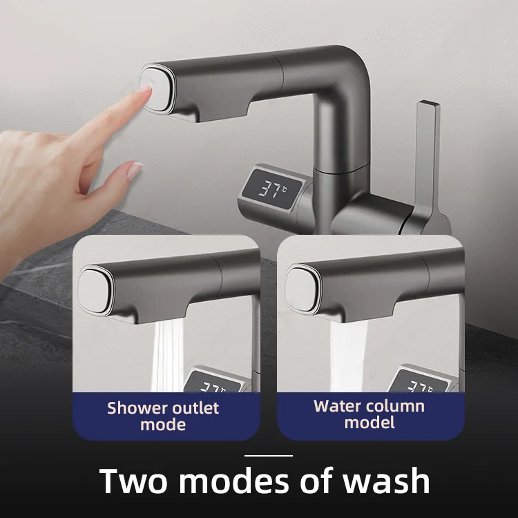 Kidolux Pull Out Basin Faucet Led Temperature Digital Display Basin Faucet No Splash Hot And Cold Water Taps for Face Wash Basin