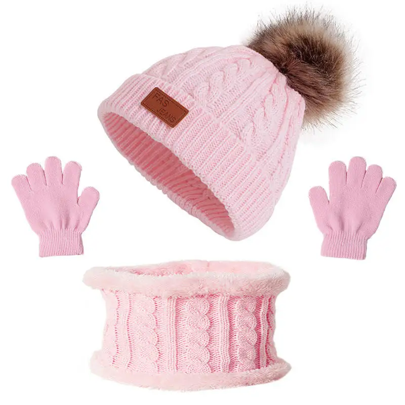 Children Winter Hat 3 Piece Boy Girl Knit Hat Cute Boys Girls Baby Hats Winter Beanie On Sale