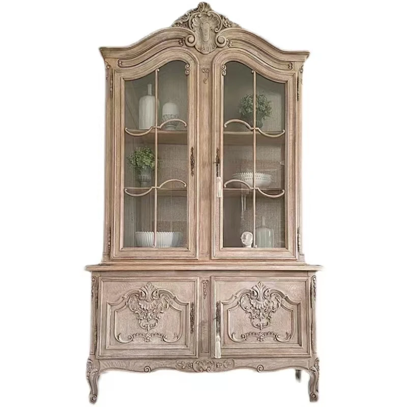 French retro light luxury villa living room carved solid wood double glass door wine cabinet