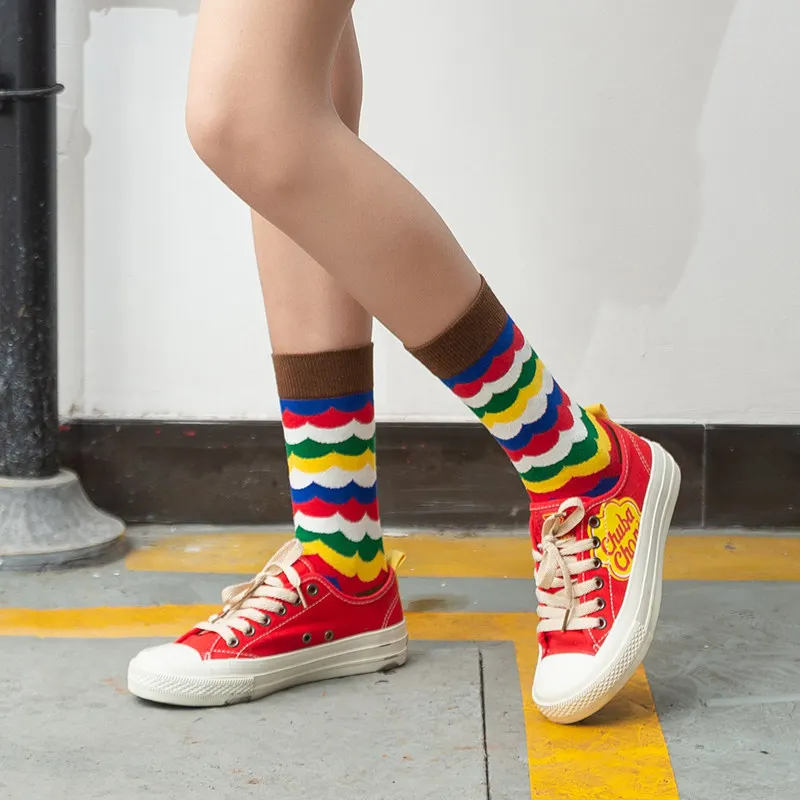 Funny Cute Japanese Socks Women Striped Zebra Rhombus Rainbow Colored Socks