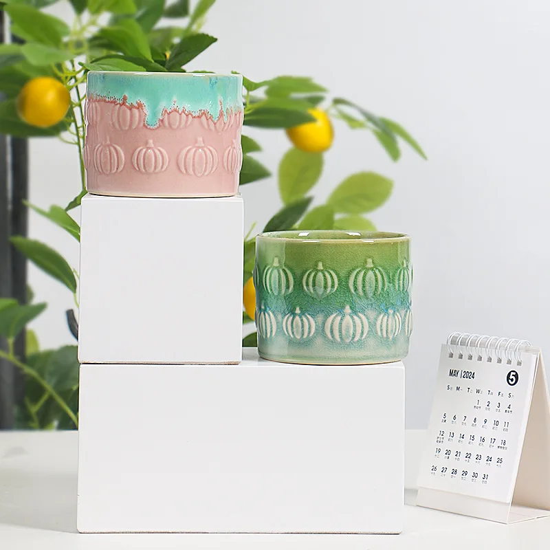 Indoor Decoration Handcrafted Relief Pattern Matte Glazed Ceramic Pots For Plant