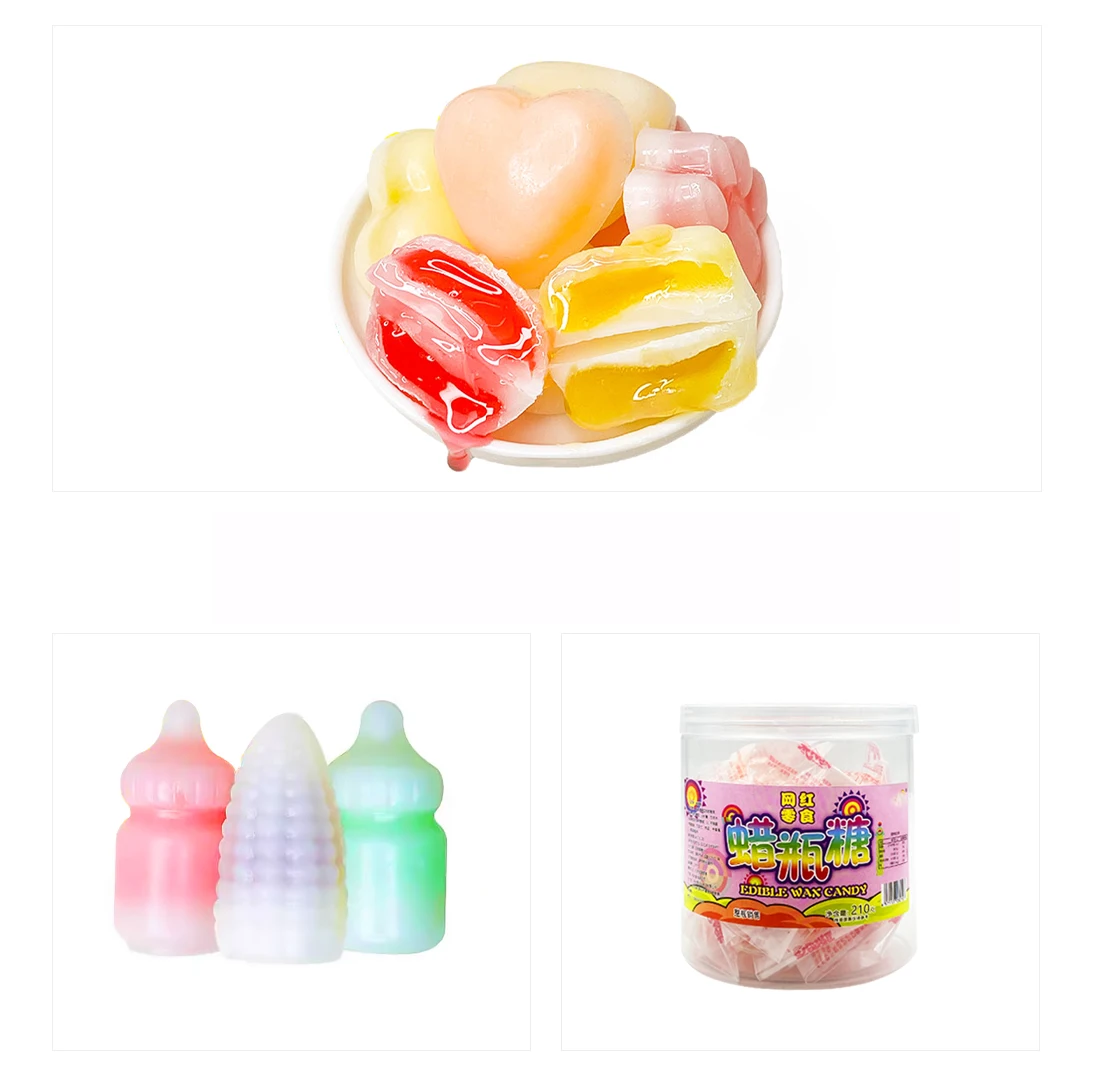 Novelty sweet and sour taste chewing juice jam filling wax bottle candy for halal