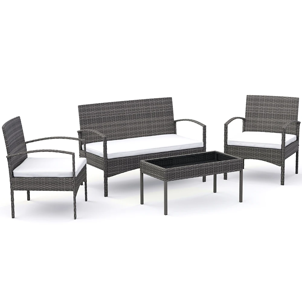 4-Piece Patio Rattan Furniture Set Outdoor Wicker Conversation with Padded Cushion Coffee Table Bistro Sofa Set