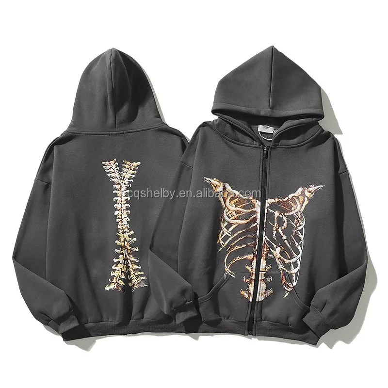 100% cotton heavyweight plus velvet high quality revenge round neck bone print retro street fashion hoodie couple unisex