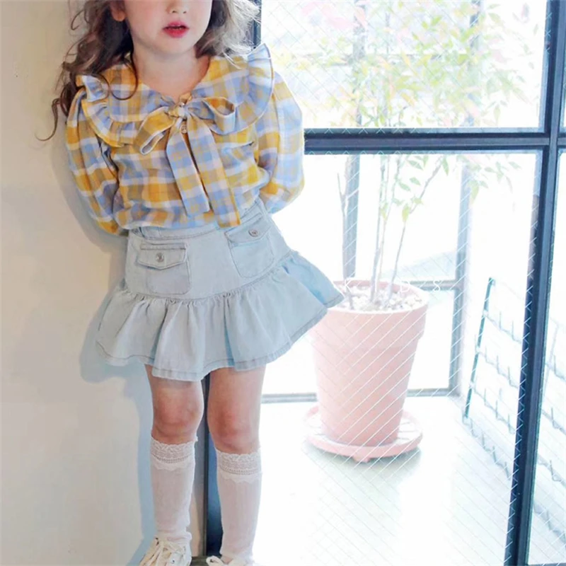 Wholesale Baby Girls Summer Mini Skirts Kids Solid Color Denim Skirts With Pocket