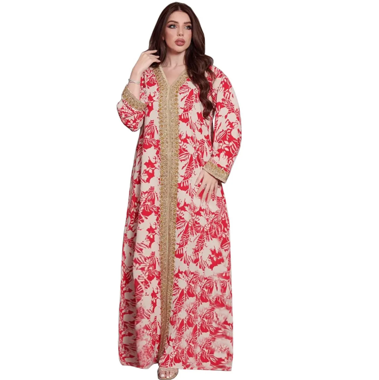 2022 new arrival Muslim clothing Arabic women abaya dress red white flower print diamond Moroccan dresses