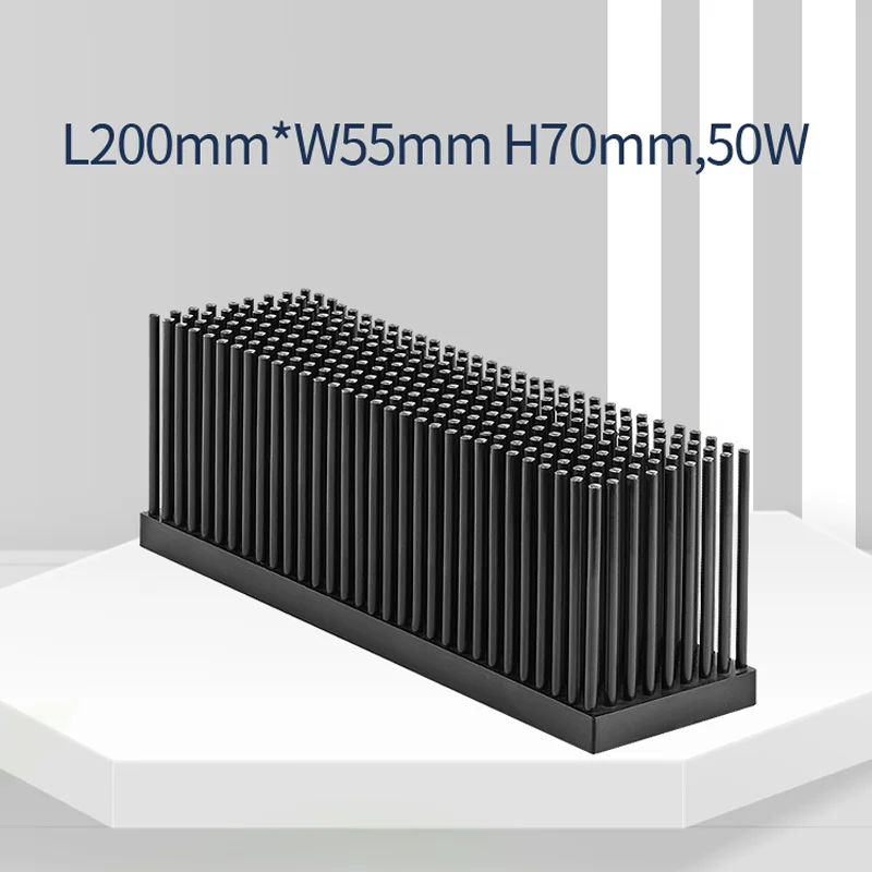 50W Length Width 200*55mm And Height 100mm Black Anodizing rectangle Led Light Aluminum Pin Fin Forged Heatsink