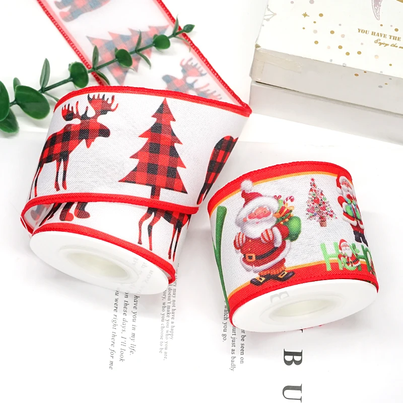 Wired Edge Merry Christmas Grosgrain Ribbon Custom Logo Gift Box Packing 63mm 10 yard