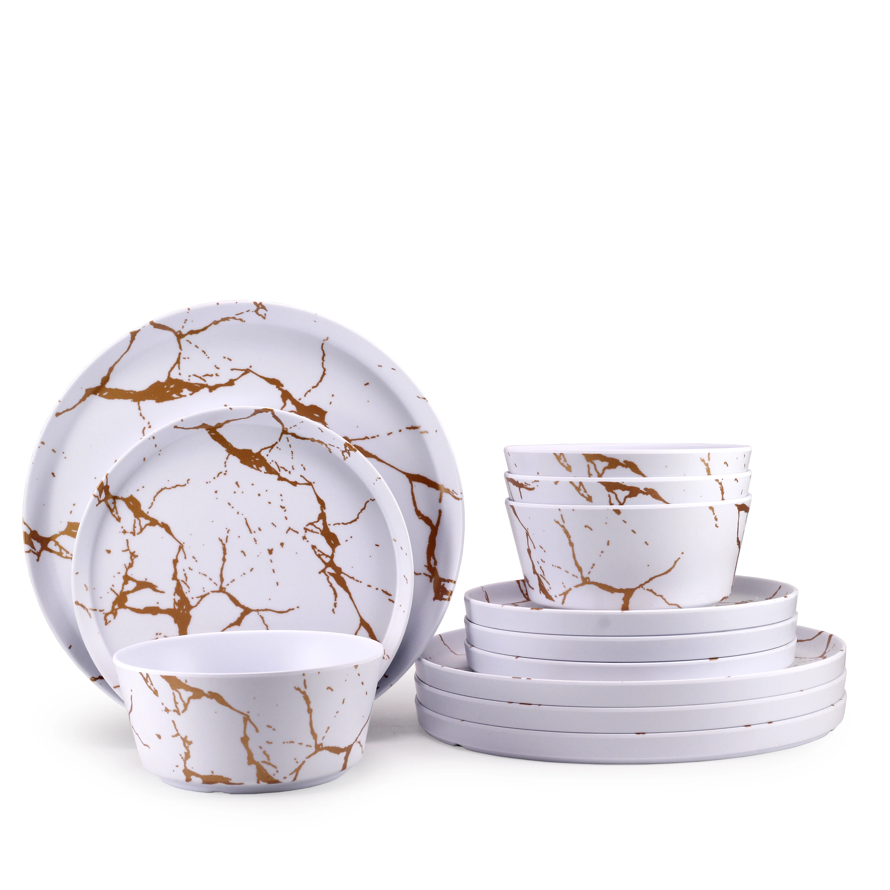 High Performance Durable White Golden Marble Grain 100% Melamine Plate Set Party Ware Dinnerware Sets Melamine Buffet Ware