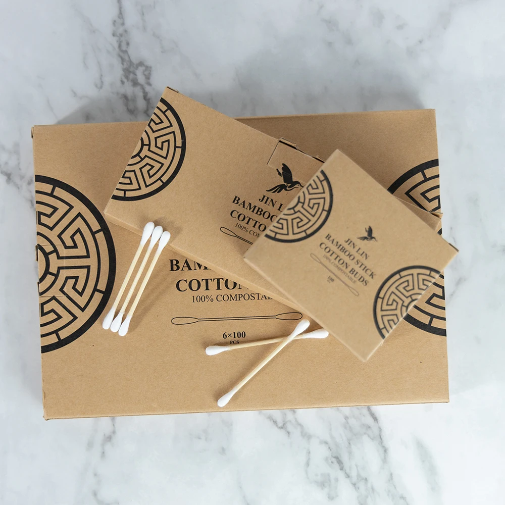 Eco-Friendly Recyclable Biodegradable 100Pcs Bamboo Sticks Cotton Swabs With Kraft Paper Box