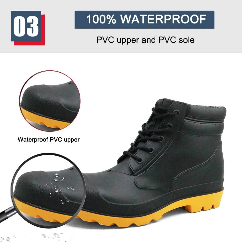 CE verified oil acid alkali resistant waterproof puncture proof lace up pvc safety rain shoes with steel toe cap