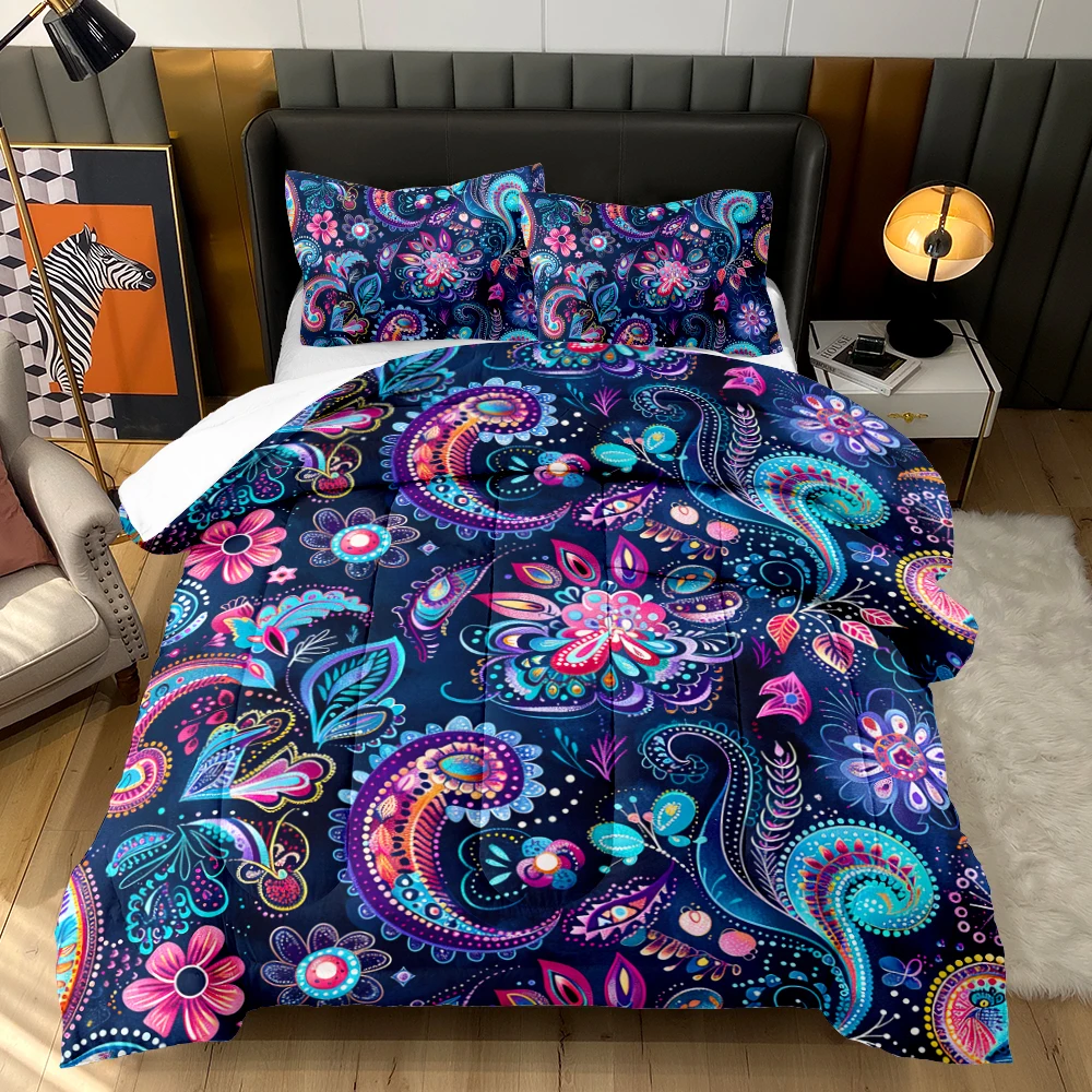 Boho Quilt Set Paisley Floral Pattern Comforter Set with 2 Pillowcases Lightweight Microfiber Bohemian Bedding Set