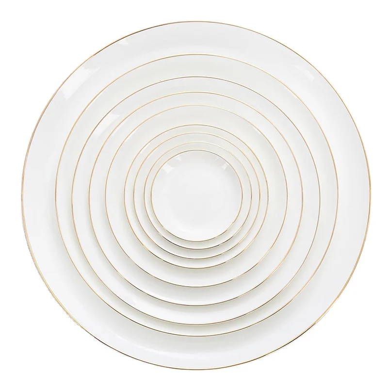 Ceramic Factory Wholesale Luxury With Golden Rim White Plate Bone China Flat Plate Dinnerware 6/7/8/20 inch Ceramic Dinner Plate