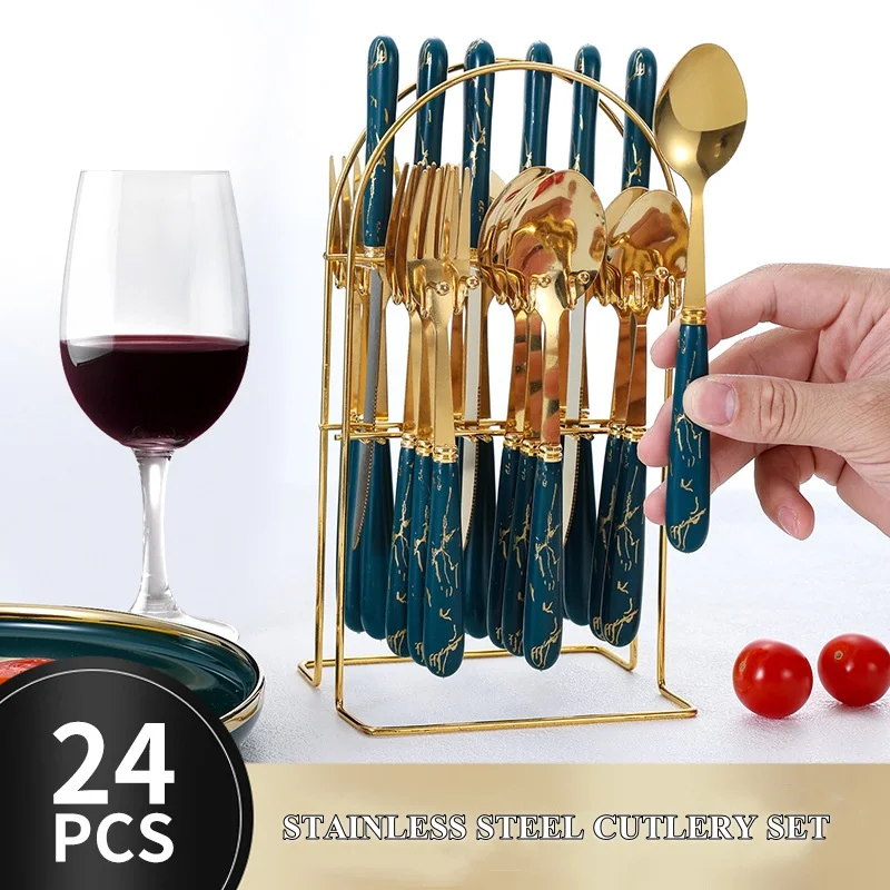 Classic 24 PCS Bulk Luxury Gold Chef Knives Flatware Gift Set Marble Handle Stainless Steel Cutlery Set