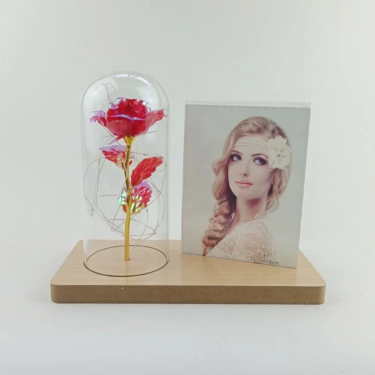 New Modern Luxury Bedroom Wooden Photo Frame Shelf Rose Flower LED Light Glass Tabletop Lamp Home Decor