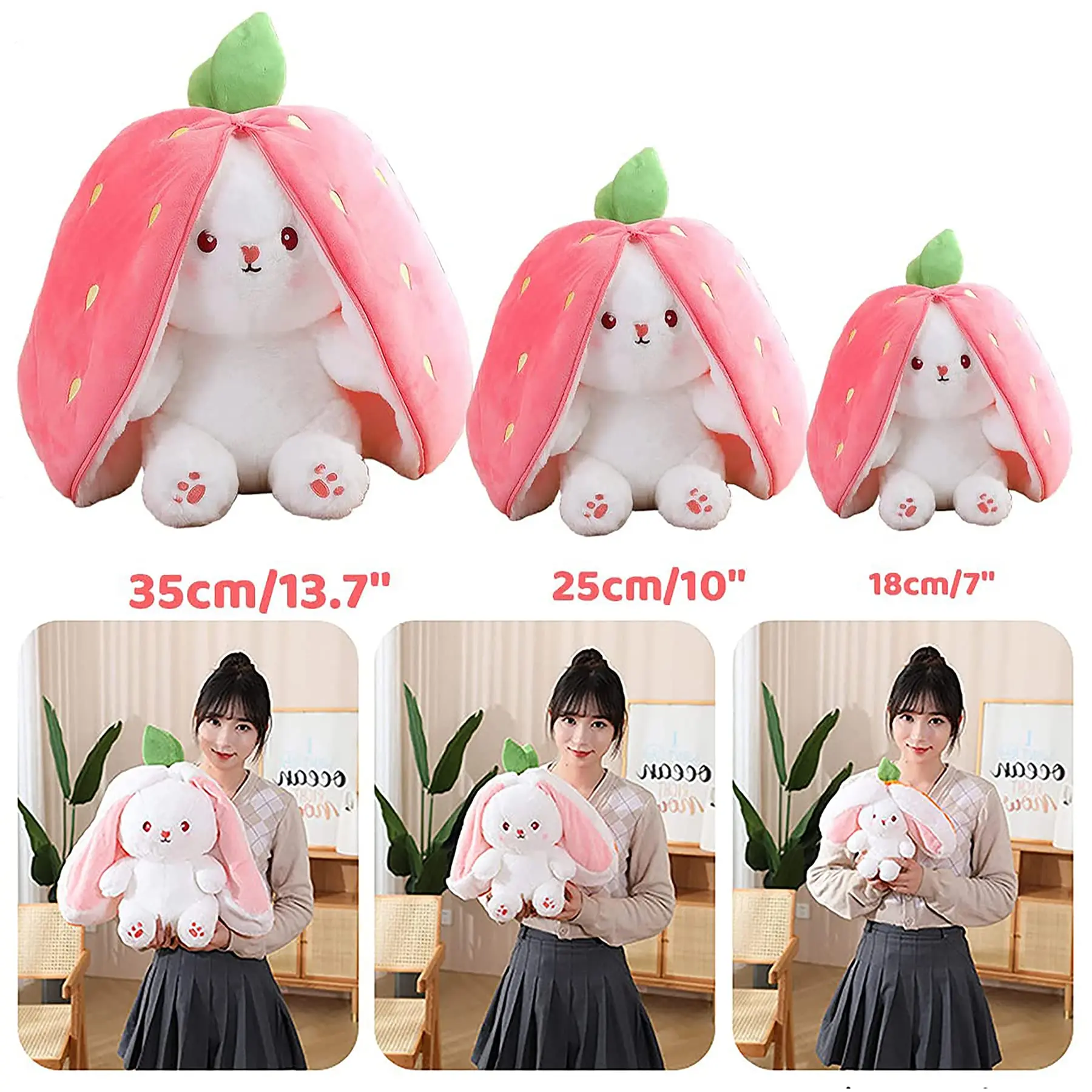 Reversible Bunny Strawberry Plush Stuffed Animal Convertible Fluffy Plushies Funny Easter Soft Bunny Custom Made Toys