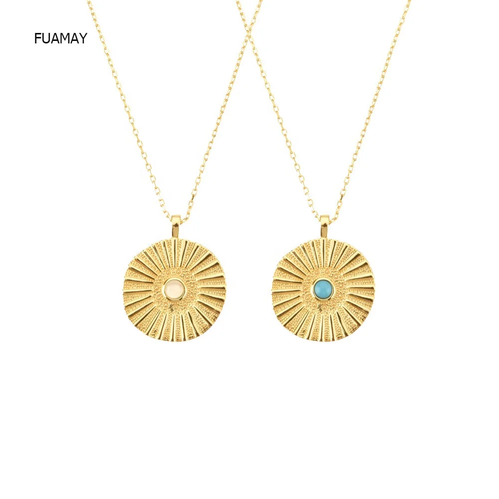 FUAMAY Fashion Jewelry Necklaces for Women Gemstone Blue Turquoise Diamond Coin Pendant Necklaces