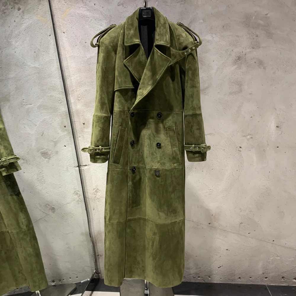 Autumn leather trench long coats double breasted long suede coat long suede coat women 2024