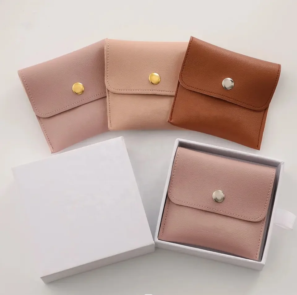 Custom MOQ 50PCS PU Jewelry Pouch Bag With Button Wholesale Jewelry Packaging Bags Jewelry Leather Pouches