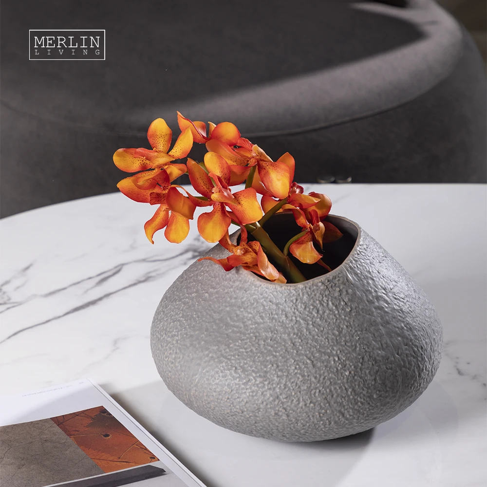 Merlin Living Rough Surface Vase Grey White Matte Ceramic Minimalist Vase Pieces Natural Flower Vase Design for Home Decor