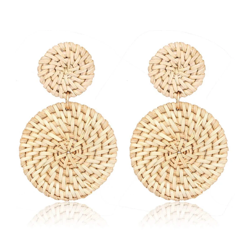 
Best Sale Boho Weave Straw Double Disc Braid Earrings Handmade Wooden Rattan Bohemia Dangle Earrings 
