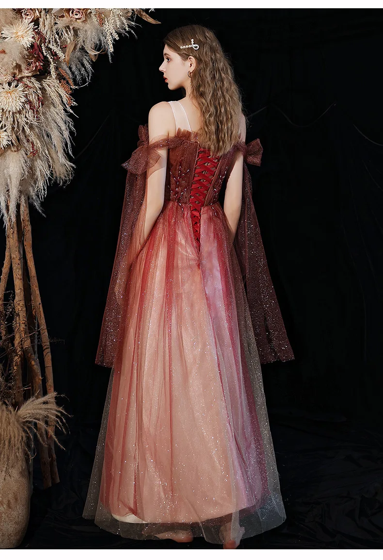 New Crystal Beaded Banquet Mesh Sequins Bow Pleated Bride Wedding Prom Gown Evening Dresses