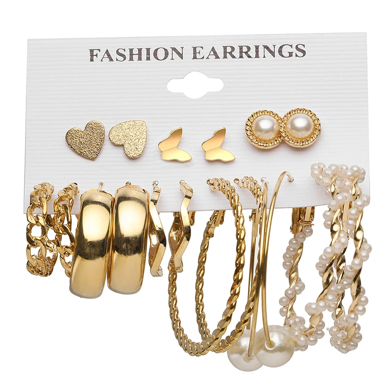 Pearl Earring Set Fashion Gold Metal Earing Butterfly Circle Geometric Vintage Earring for Women Jewelry