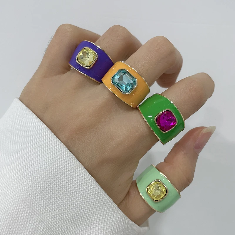 Custom Enamel Rings Jewelry Women Summer Bight Color Women 18K Gold Zircon Rhinestone Gemstone Signet Ring