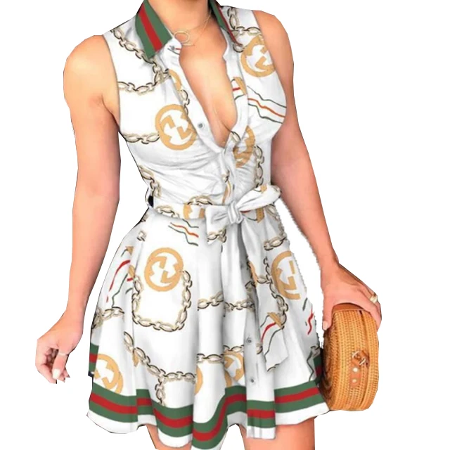 2XL large size printing V-neck tie silk dress fashionable sexy comfortable fabric