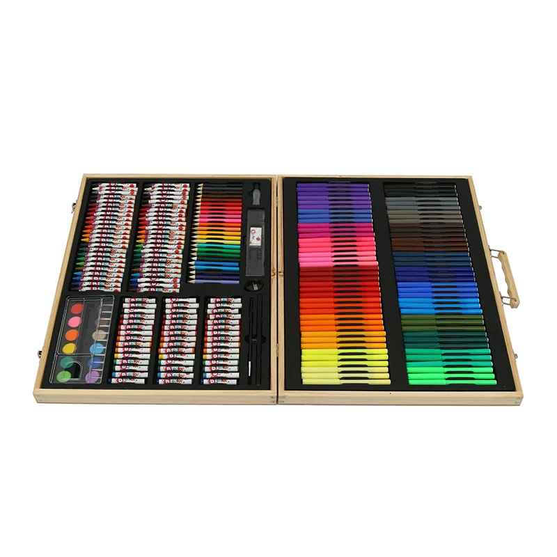 Customized Logo Art Supply 251 Pieces Wood Box Painting Drawing Set for Kids Adults With Marker Pens Crayons Color Pencils