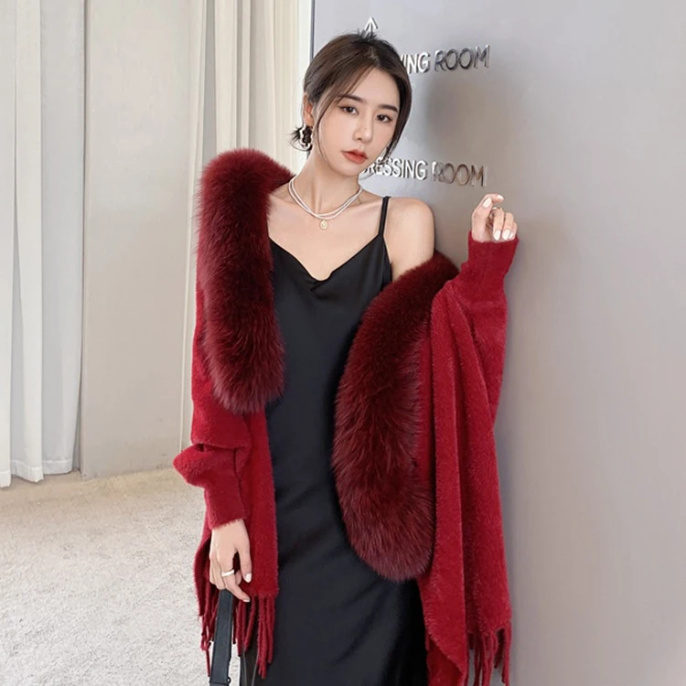 Ladies Faux Mink knitting Fur Shawl Fox Fur Collar Mid-Length Solid Color Tassel Fur Shawl