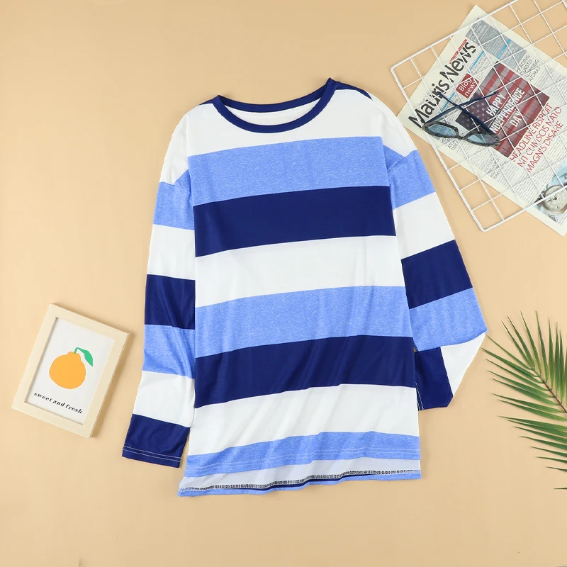 High Quality Ladies Fashion Tops Striped Balloon Sleeves Knit Loose Tunic Top Long Sleeve Tops For Women