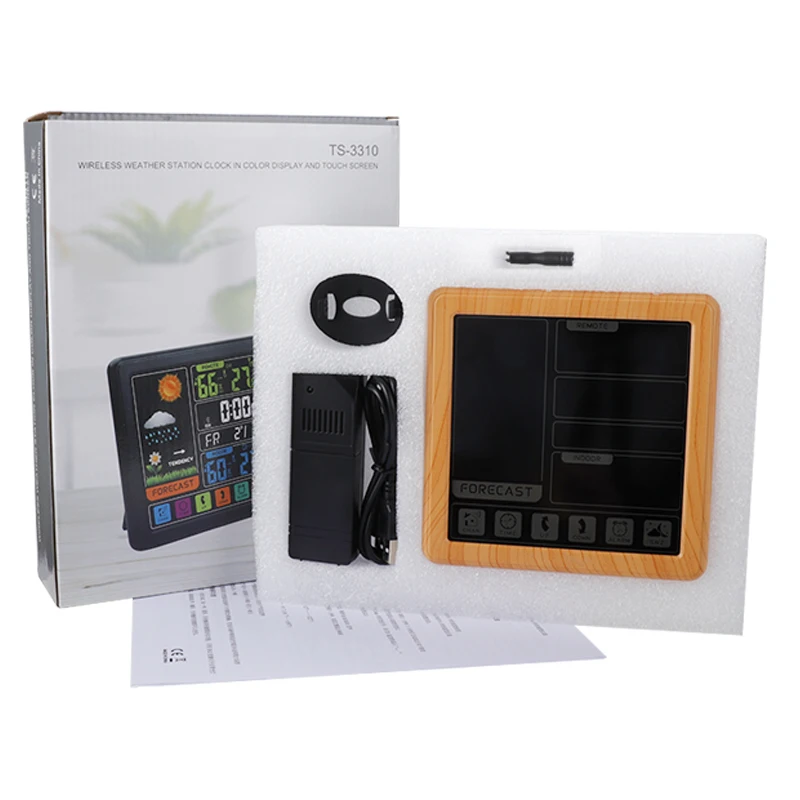 Hot selling wifi Wireless Weather Station wooden Day time Digital Calendar color touch screen usb port for mobile charging