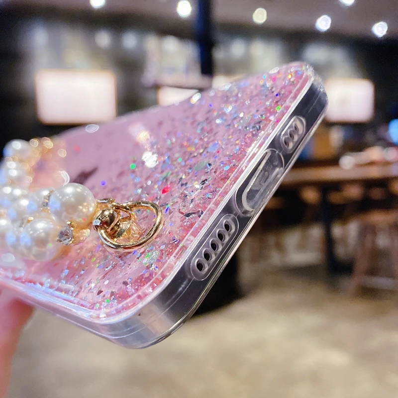 Soft Pearl Bracelet Phone Case For iPhone 11 12 13 14 Pro Max XS X XR 7 8 6 6s Plus mini SE 2020 Glitter Shockproof Cases Cover
