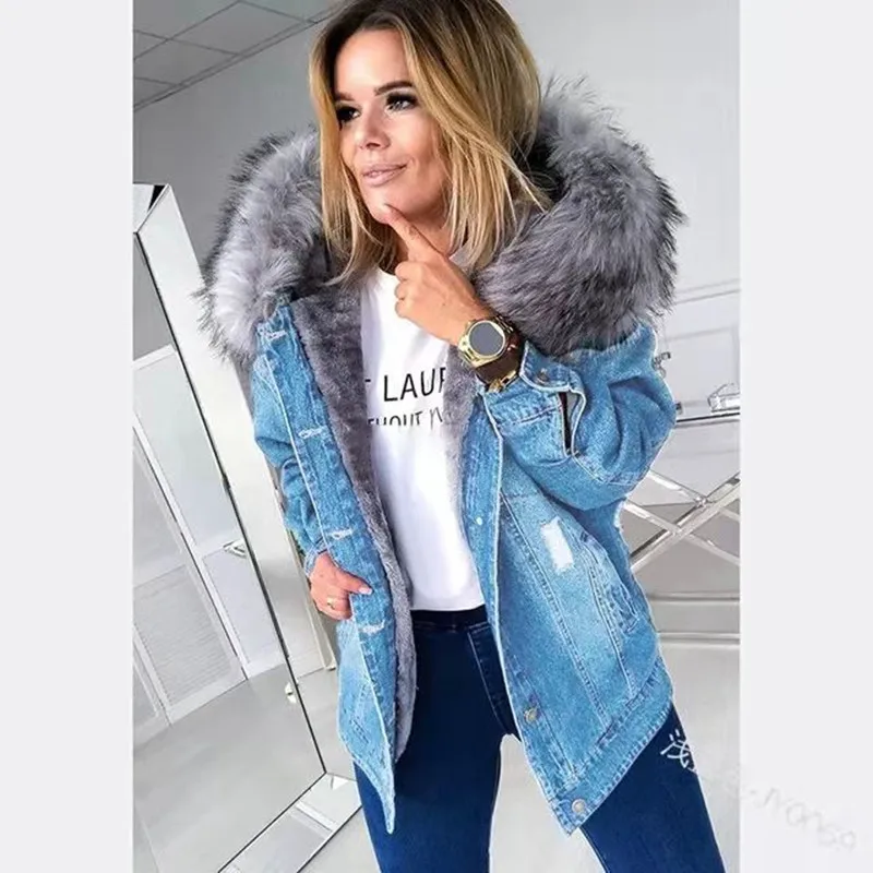 2022 Winter Women Faux Fur Coat Long Sleeve Thicken Fur Hood Plush Warm Denim Coat Large Size Jacket Ripped Button Denim Outwear