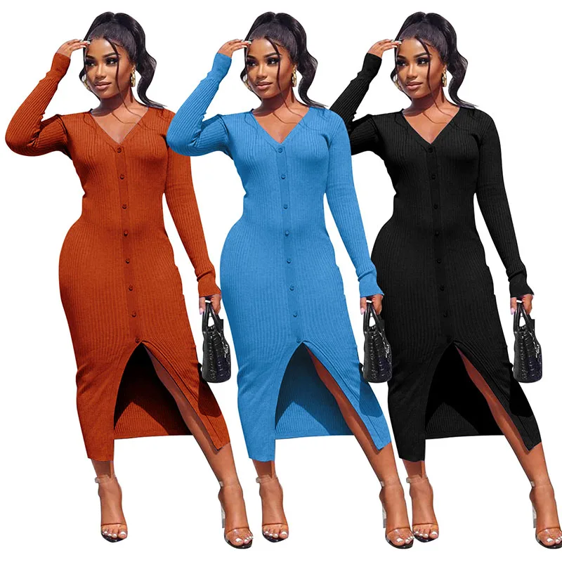 Amazon Hot Sale Autumn Winter Sexy V Neck Rib-Knit Button Trim Front Split Bodycon Midi Dress For Women