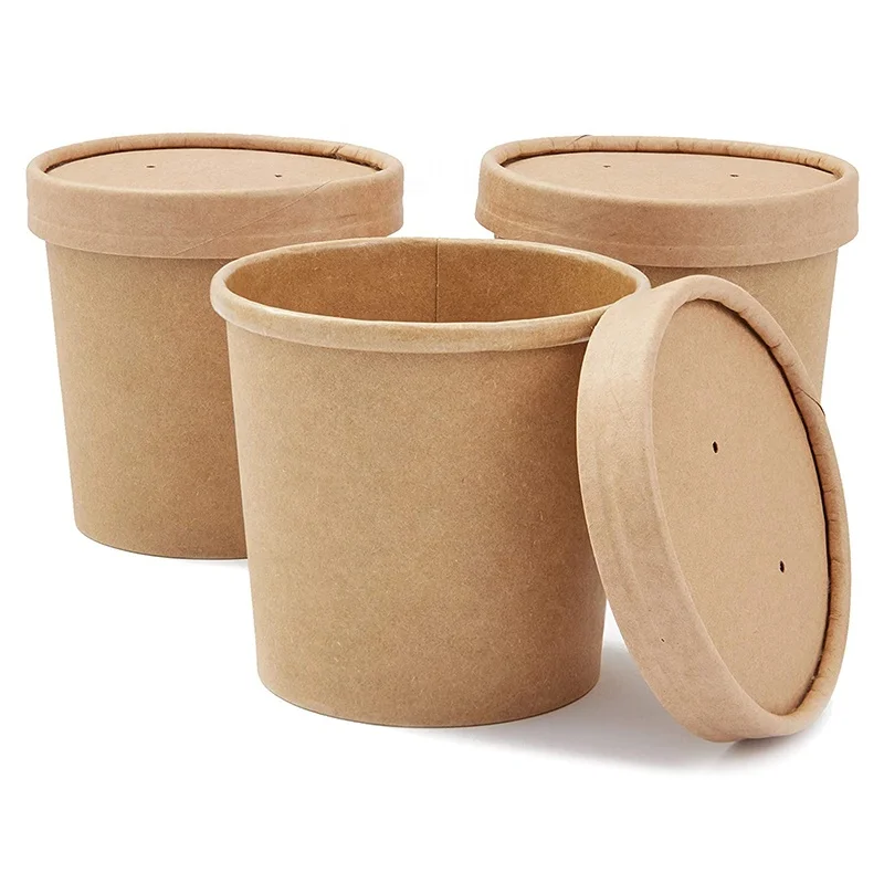 Eco disposable friendly 32oz kraft paper soup cup bowl popcorn buckets with lid